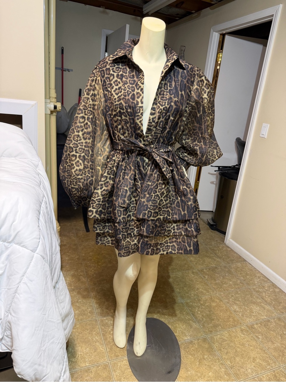 AKIRA Brown Leopard Print Tiered Mini Dress